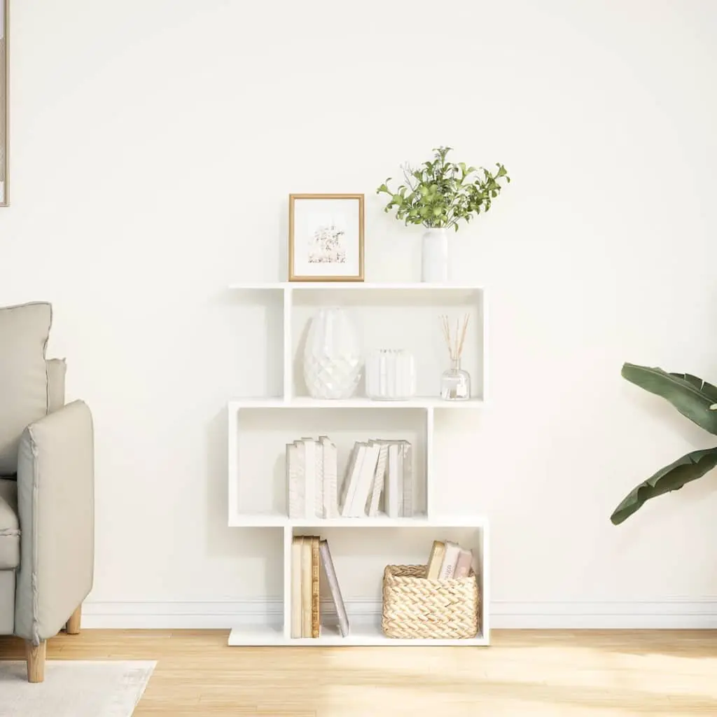 Room Divider Bookcase Staggered Storage 3-Tier White Engineered Wood Shelving Unit