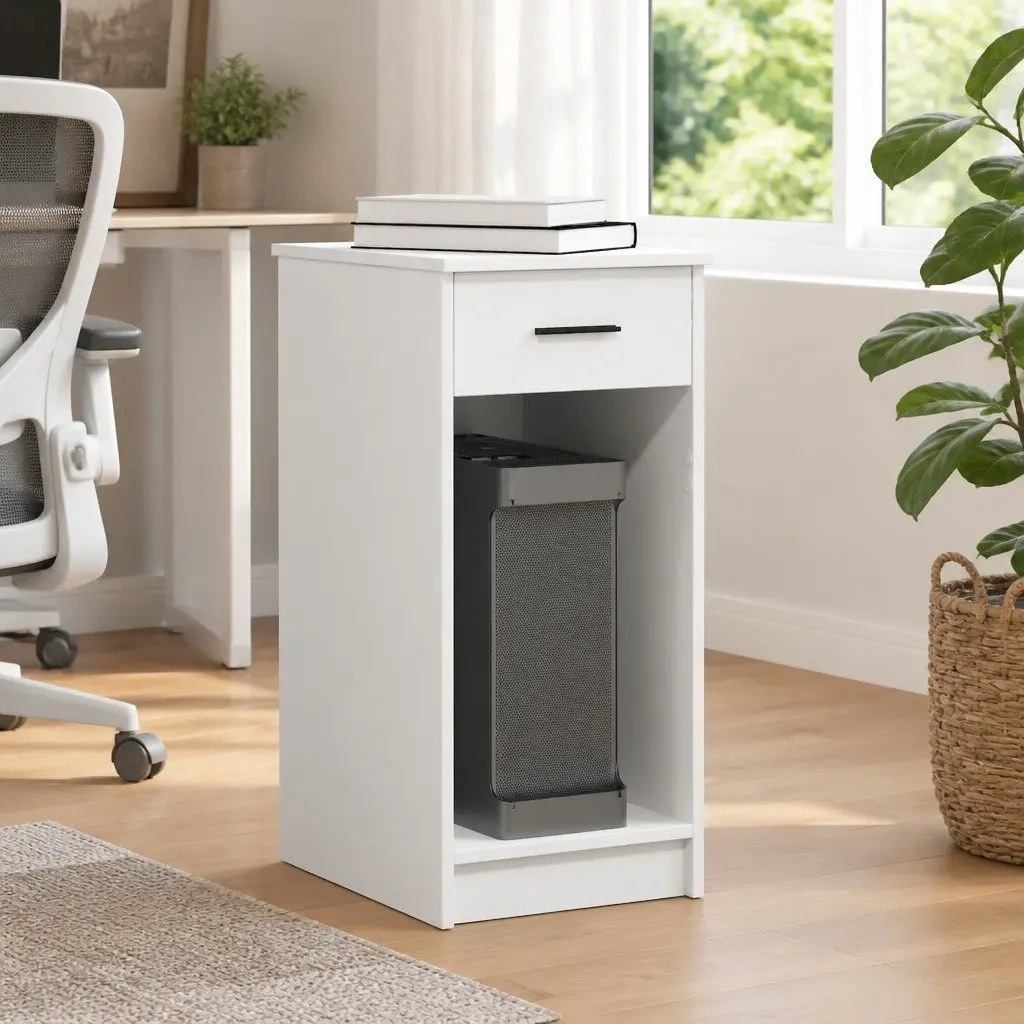 Computer Tower Stand with Drawer Engineered Wood White Storage Cabinet