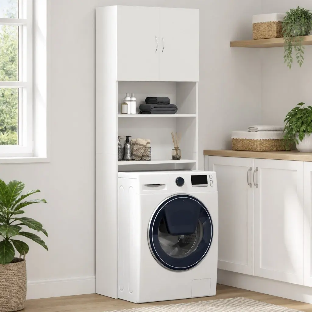 Washing Machine Cabinet White Storage Bathroom Laundry Organizer 64x24x190 cm