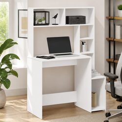 White Desk with Shelves Storage Engineered Wood Study Office Workstation