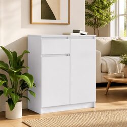 White Sideboard Storage Cabinet with Drawer Doors Shelves Engineered Wood