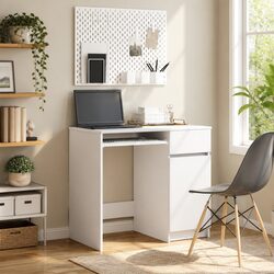 White Office Desk with Storage Drawer Door Shelf Engineered Wood 86x49x76cm