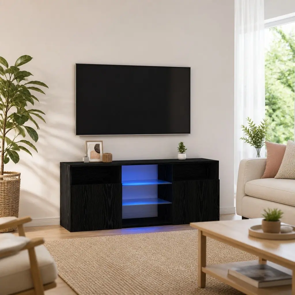 TV Cabinet RGB LED Lights Black Oak Engineered Wood Storage Unit