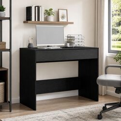 Black Oak Office Desk with 2 Drawers Storage Computer Workspace 101x50x76.5cm