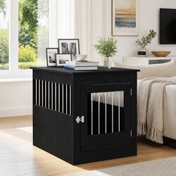 Dog Crate Furniture End Table Black Oak Engineered Wood Steel Wire Kennel House