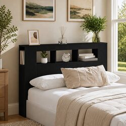LED Headboard Black Engineered Wood Bedroom Furniture Storage Shelf Multicolour