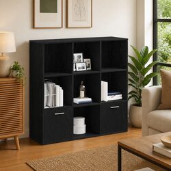 Book Cabinet Black Oak 7 Compartments 2 Doors Storage Shelving Engineered Wood