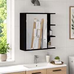 Bathroom Mirror Cabinet Wall-Mounted Storage Vanity Unit Black Oak Modern Design