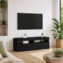 TV Cabinet with LED Lighting Black Oak Living Room Media Storage Unit 120cm