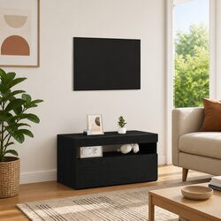 TV Cabinet Black Oak Living Room Media Storage Unit with LED Lighting 75x35x40cm