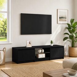 TV Cabinet Black Oak Modern Media Storage Unit with LED Lights and Shelves