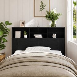 Headboard Cabinet Wall-Mounted Black Oak Modern Bedroom Storage Shelving Unit