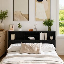 Wall-Mounted Headboard Cabinet Black Oak 160cm Bedroom Storage Shelving Unit