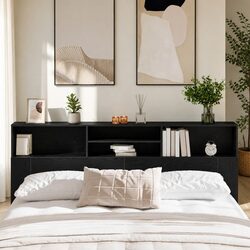 Wall-Mounted Headboard Cabinet Black Oak Storage Shelving Modern Bedroom