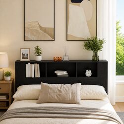 Headboard Cabinet Wall-Mounted Storage Black Engineered Wood Modern Minimalist