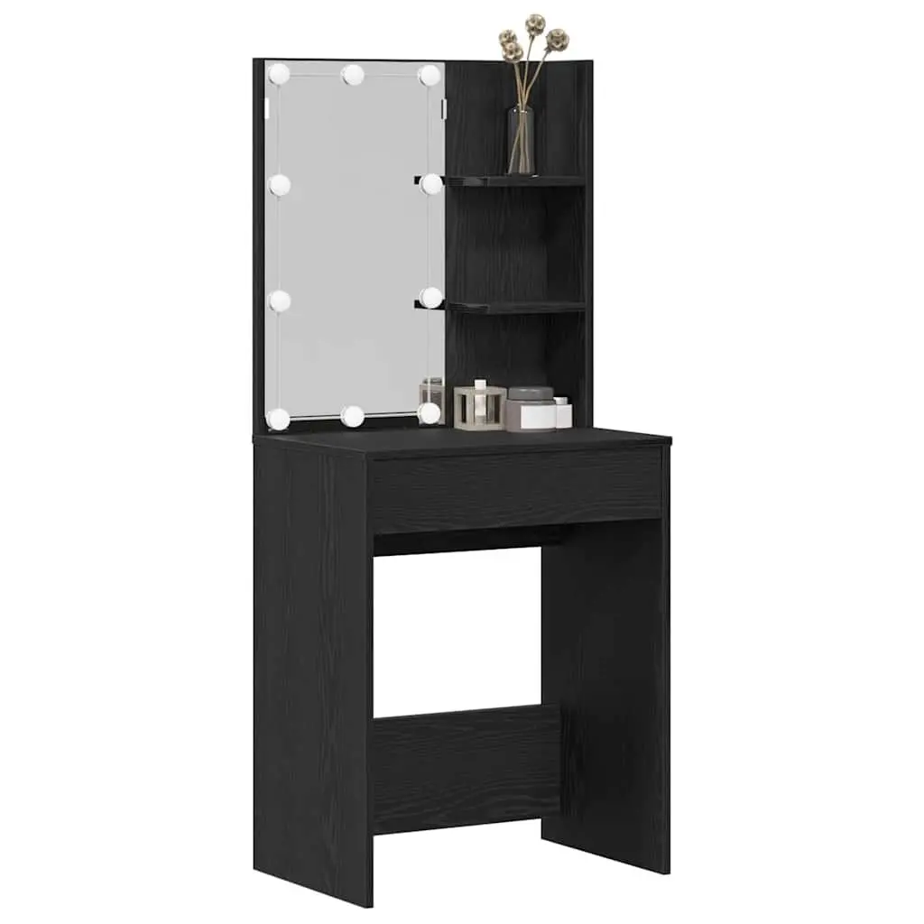 Dressing Table Black with LED Lights Mirror Storage Shelves Engineered Wood