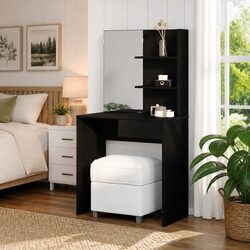 Dressing Table Black Oak Modern Bedroom Vanity Mirror Drawers Shelves Storage