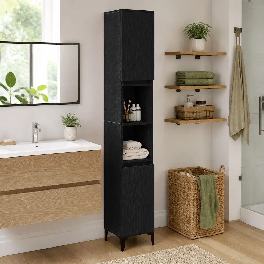 Bathroom Vanity Cabinet Black Oak 30x30x190cm Storage Engineered Wood Shelves