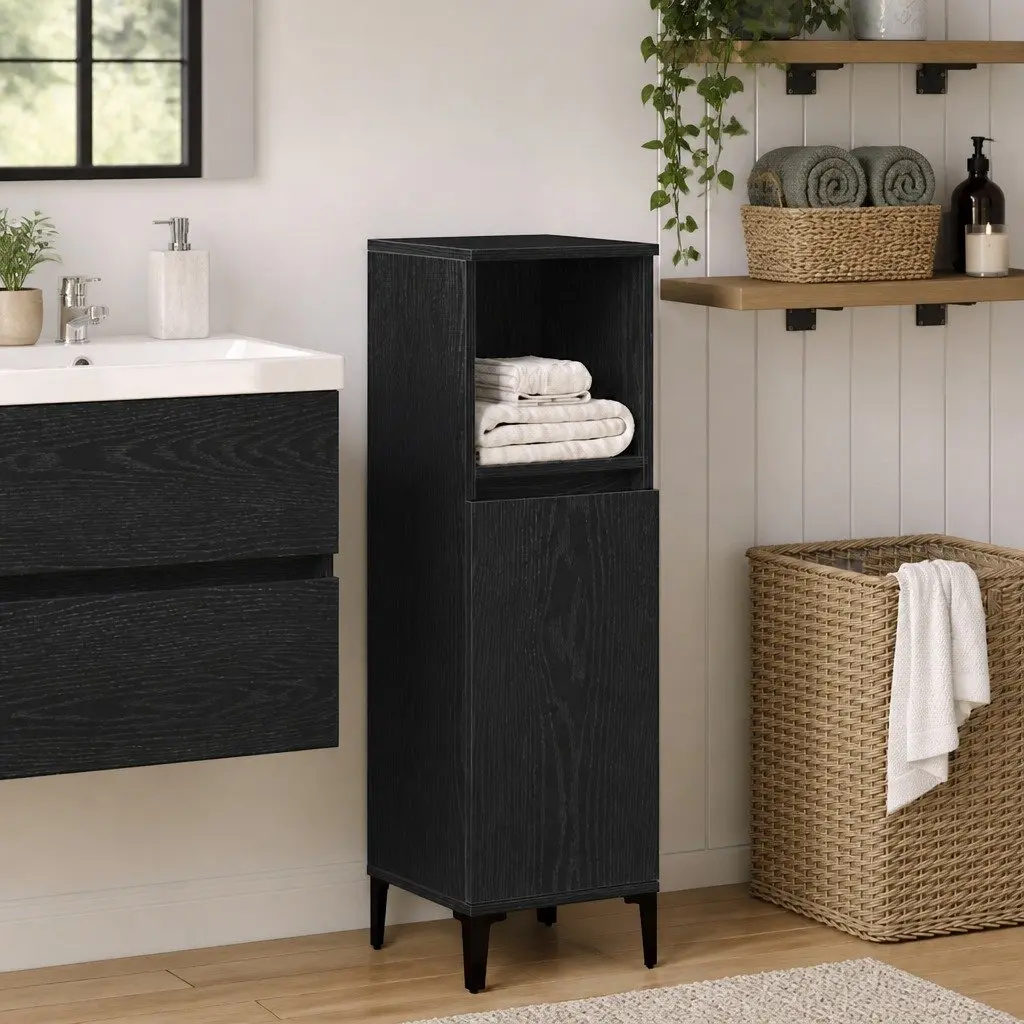 Bathroom Vanity Cabinet Wall-Mounted Storage Unit Black Modern Engineered Wood