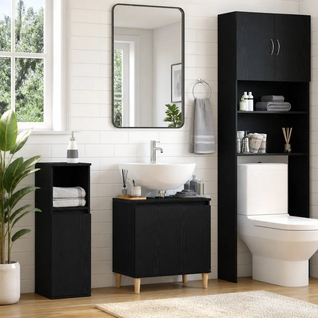 Bathroom Vanity Cabinet Wall-Mounted Sink Storage Unit Black Oak Modern Design