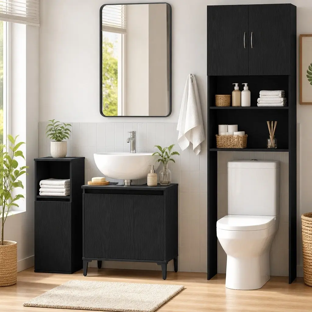 Bathroom Vanity Unit Wall-Mounted Sink Cabinet Black Oak Storage Furniture