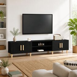 TV Cabinet Black Engineered Wood Living Room Storage Unit 180cm Modern Furniture