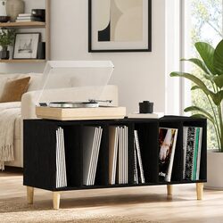 Record Cabinet Black Oak Living Room Storage Engineered Wood Shelves Modern