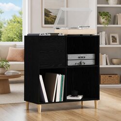 Record Cabinet Storage Unit Black Oak Living Room Furniture Engineered Wood