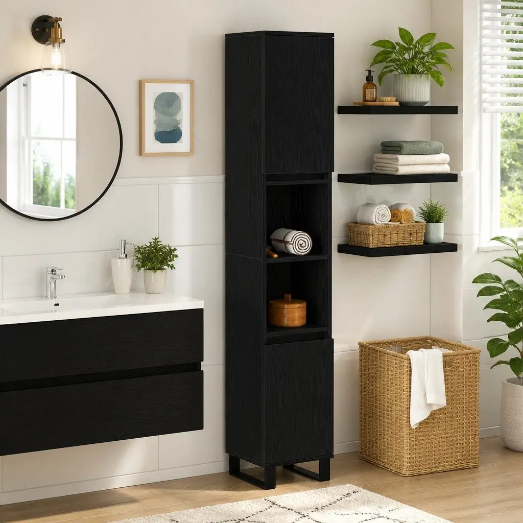 Bathroom Vanity Cabinet Black Engineered Wood Modern Storage Unit 30x30x190cm