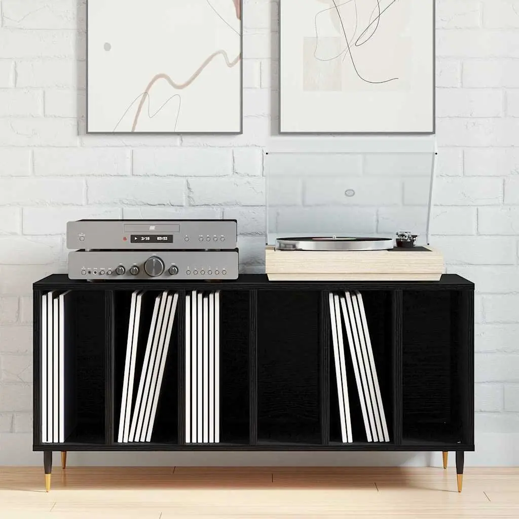 Record Cabinet Modern Storage Unit Engineered Wood Black Oak
