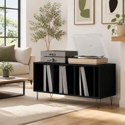 Record Cabinet Black Oak Storage Media Cabinet Engineered Wood Modern Design