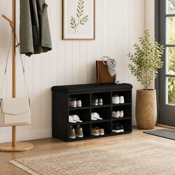 Shoe Bench with Storage Shelf Black Modern Entryway Seating Engineered Wood