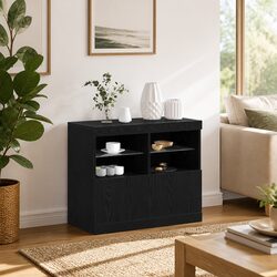 Modern LED Sideboard Black Storage Cabinet Engineered Wood Sliding Doors