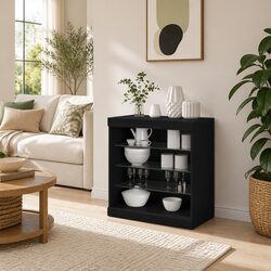LED Sideboard Black Oak Modern Storage Cabinet Glass Shelves Furniture