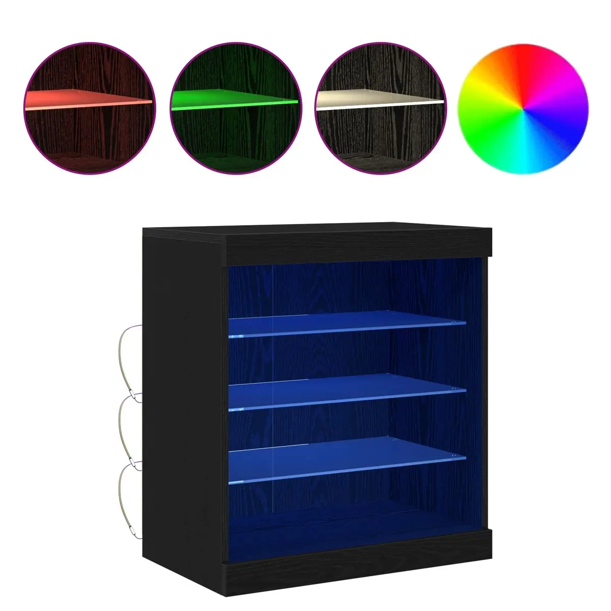 Sideboard Modern Storage Cabinet RGB LED Lighting Glass Shelves Black Oak