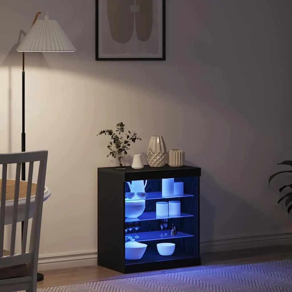 Sideboard Modern Storage Cabinet RGB LED Lighting Glass Shelves Black Oak