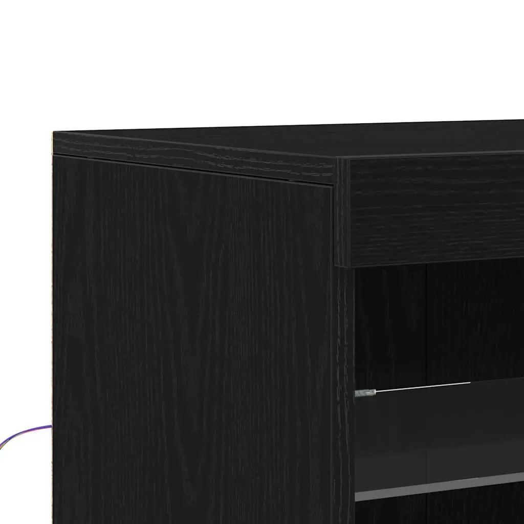 Sideboard Modern Storage Cabinet RGB LED Lighting Glass Shelves Black Oak