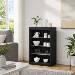 LED Sideboard Black Oak Storage Cabinet with Glass Shelves Modern Dining Living