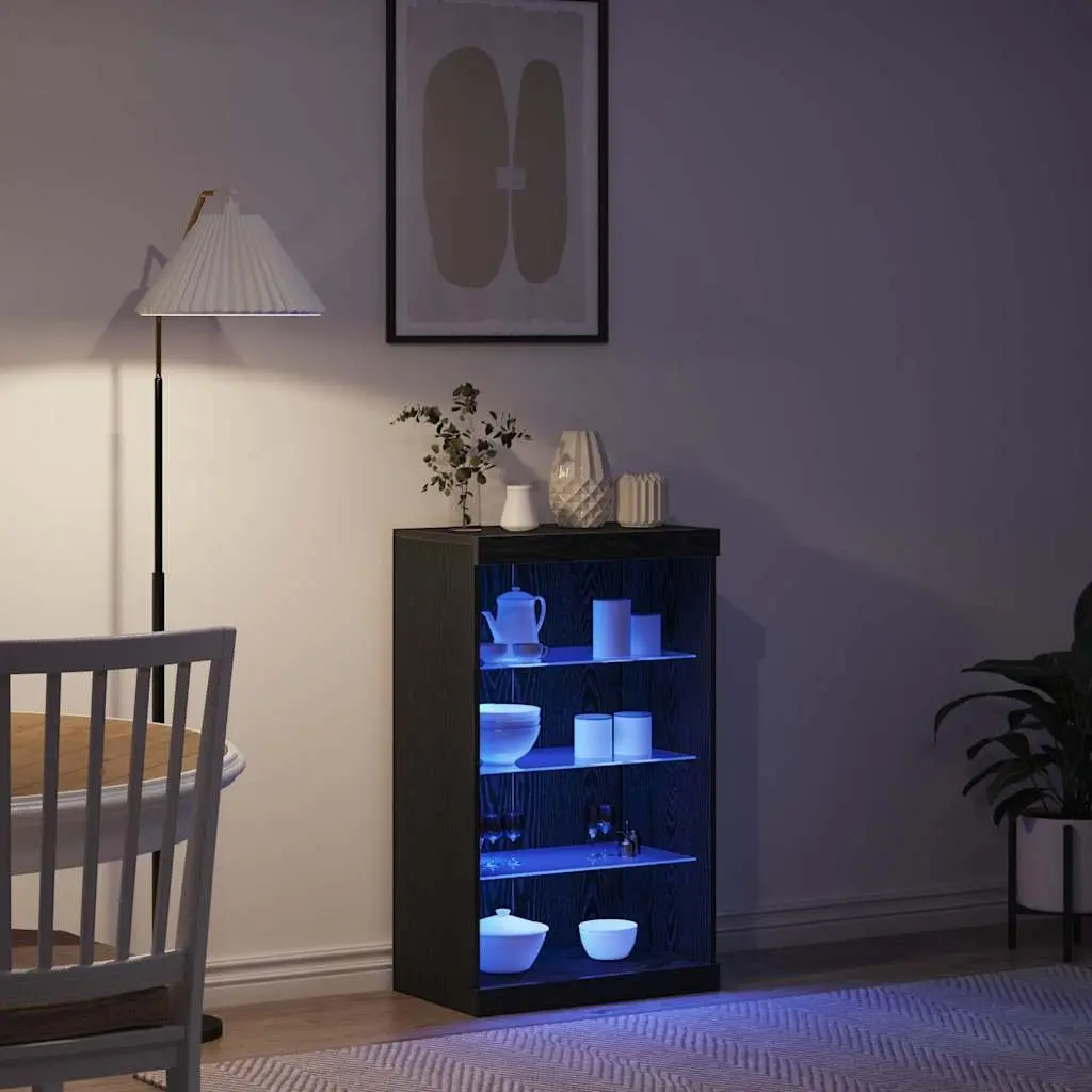 Sideboard LED Storage Cabinet Black Oak Modern with Glass Shelves 60.5cm Width 100cm Height