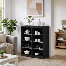 LED Sideboard Black Oak Modern Dining Living Room Storage Cabinet Glass Shelves
