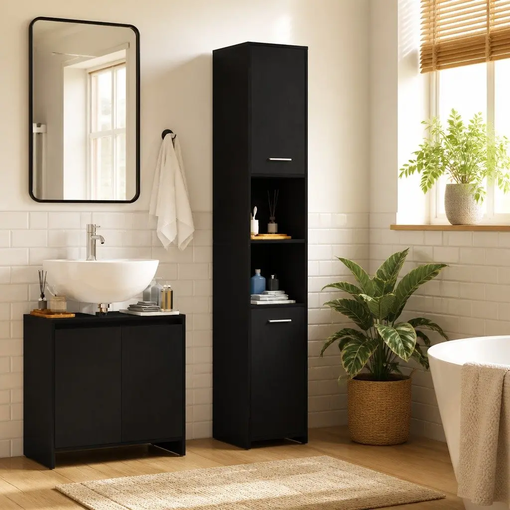 Bathroom Cabinet Black Oak Engineered Wood Storage Cupboard Tall Organizer