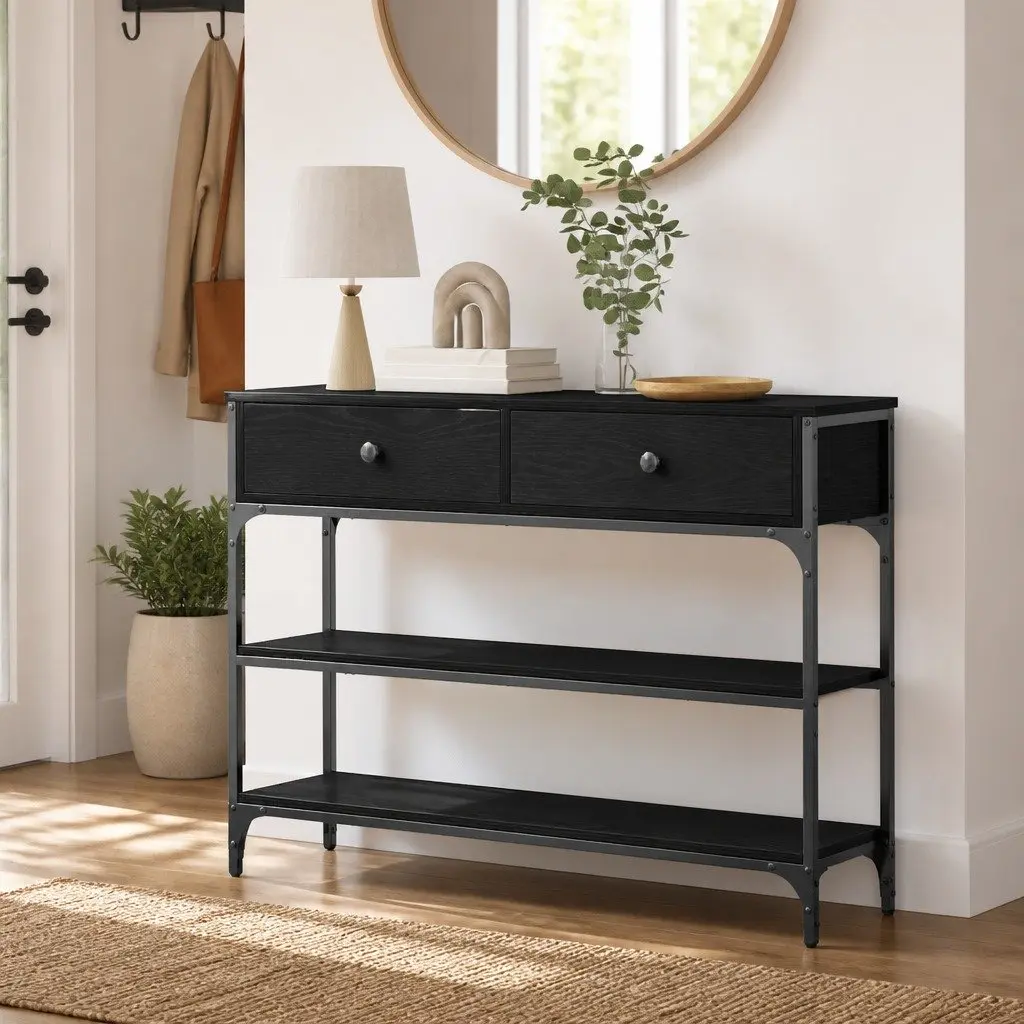 Console Table End Table Black Industrial Design Engineered Wood Steel Frame
