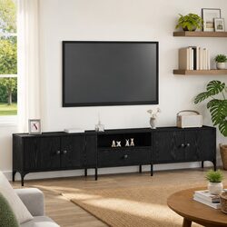 TV Cabinet Black Oak Modern Living Room Storage Unit With Drawers Compartments