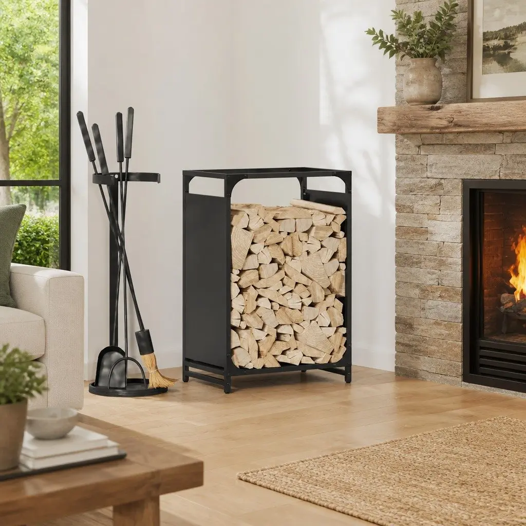 Firewood Rack Log Storage Holder Black Steel Frame Outdoor Indoor Fireplace