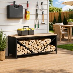 Firewood Rack with Wooden Top Black Steel Log Storage Holder 100.5x35.5x40cm
