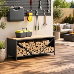 Log Rack Firewood Storage Holder with Wooden Top Anthracite Steel