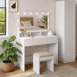 Dressing Table White Bedroom Vanity Mirror LED Lights Storage Shelves Modern