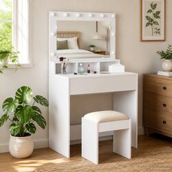 Dressing Table White 78.5 x 41 x 135 cm Bedroom Vanity Mirror LED Lights Storage