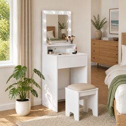 Dressing Table White Bedroom Vanity Mirror LED Lights Storage Engineered Wood