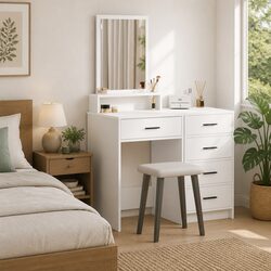 White Dressing Table Bedroom Vanity Unit with Mirror and Drawers Storage
